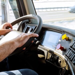 Truck drivers big truck of driver's hands on big truck steering wheel